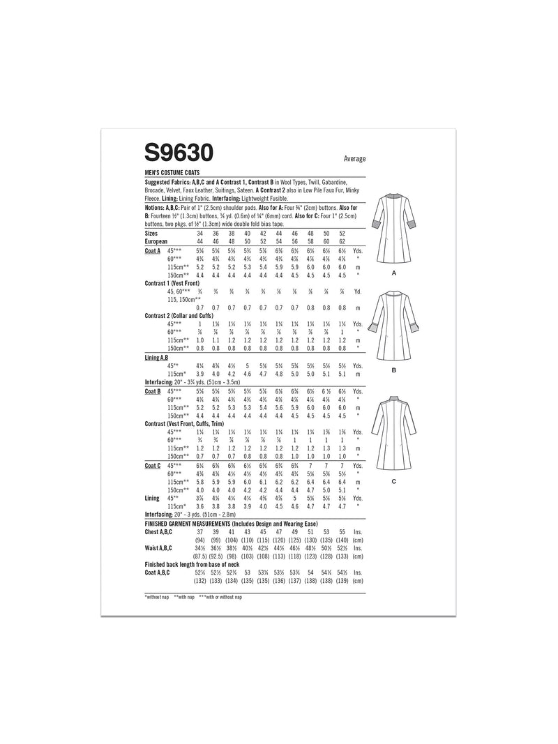 Simplicity sewing pattern men's fit and flare coat S9630, UK version