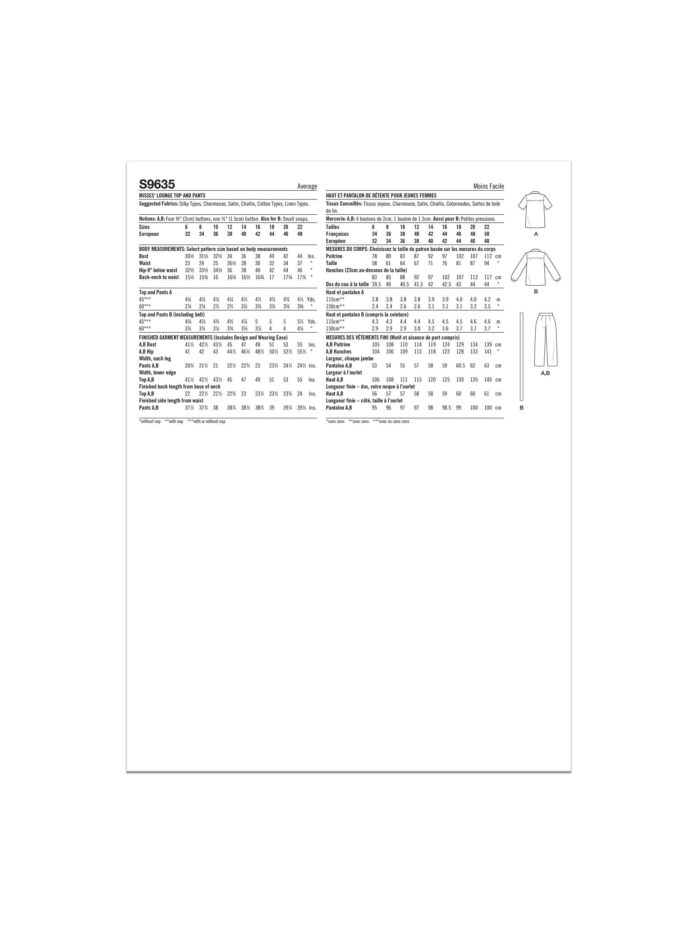 Simplicity sewing pattern vintage loungewear tops and trousers S9635 (British brand)