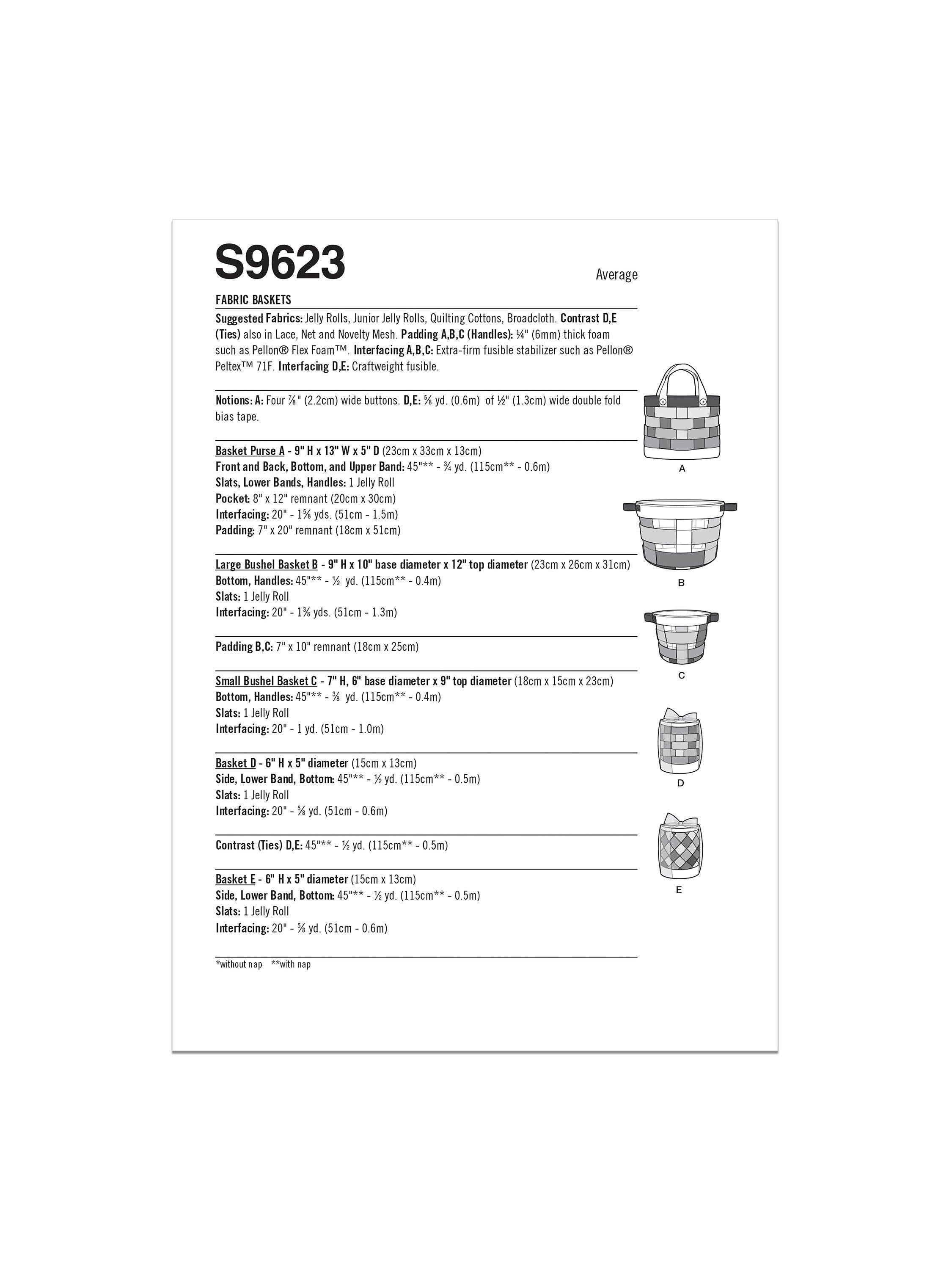Simplicity fabric baskets sewing pattern S9623, imported from the UK