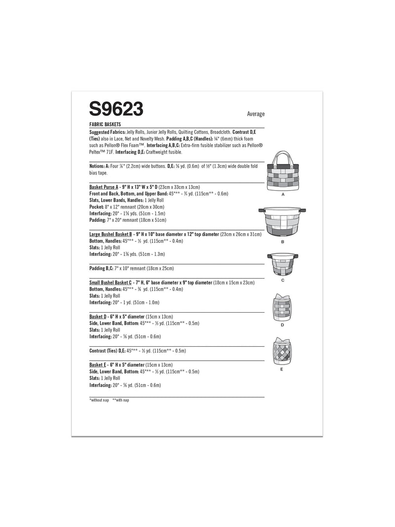 Simplicity fabric baskets sewing pattern S9623, imported from the UK