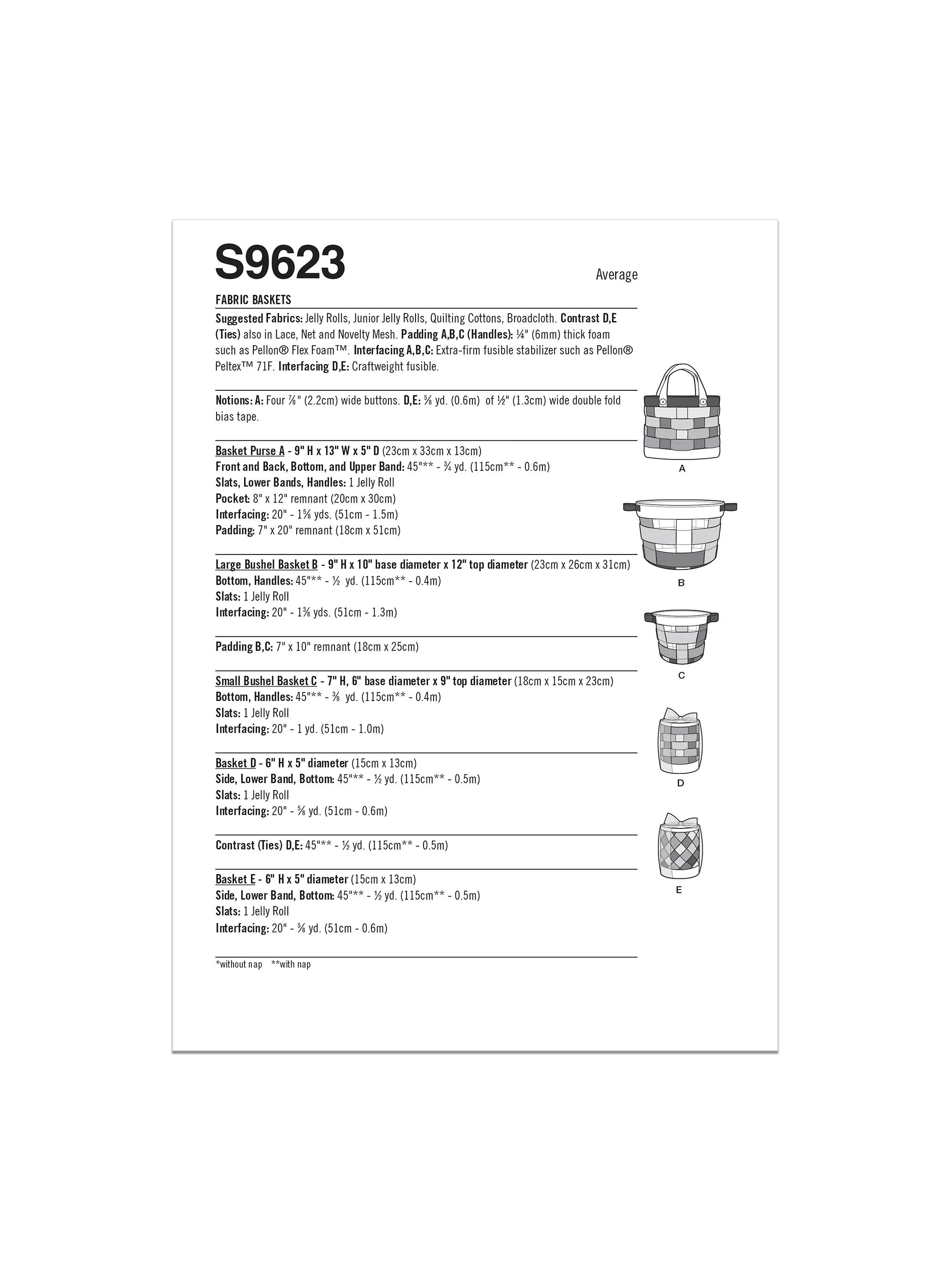 Simplicity fabric baskets sewing pattern S9623, imported from the UK