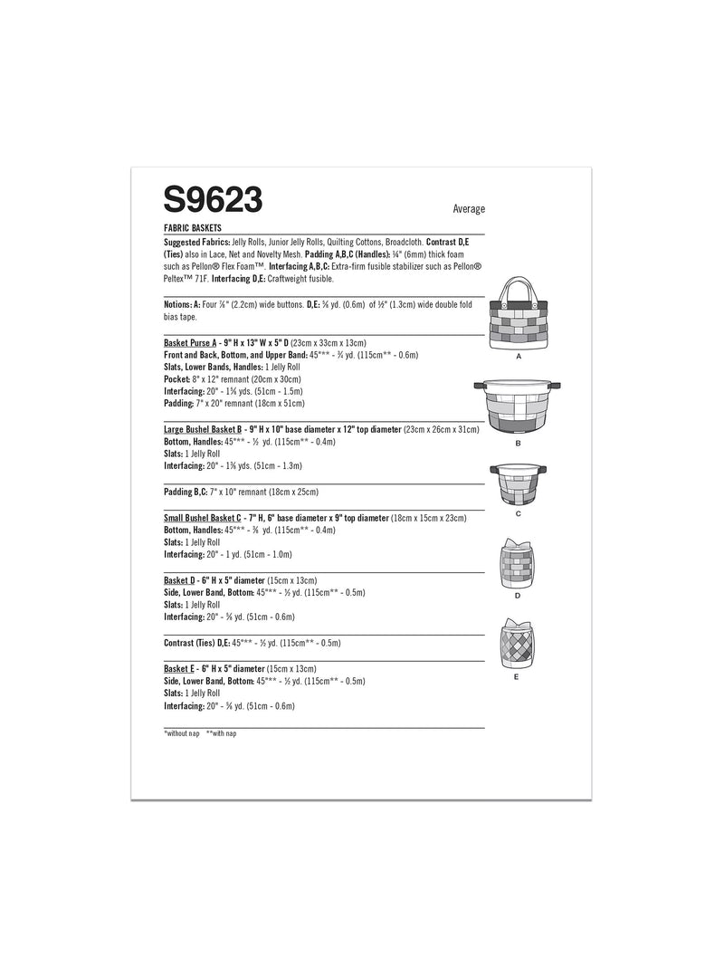 Simplicity fabric baskets sewing pattern S9623, imported from the UK