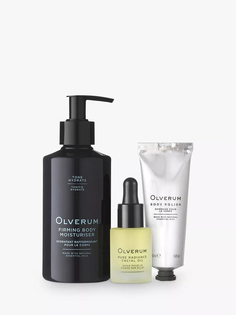 Olverum Renew Kit bodycare gift set with Body Polish, Moisturiser, Facial Oil (British brand)