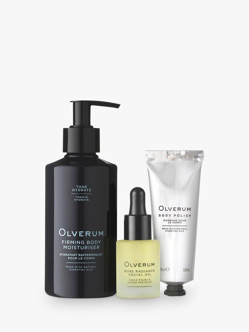 Olverum Renew Kit bodycare gift set with Body Polish, Moisturiser, Facial Oil (British brand)