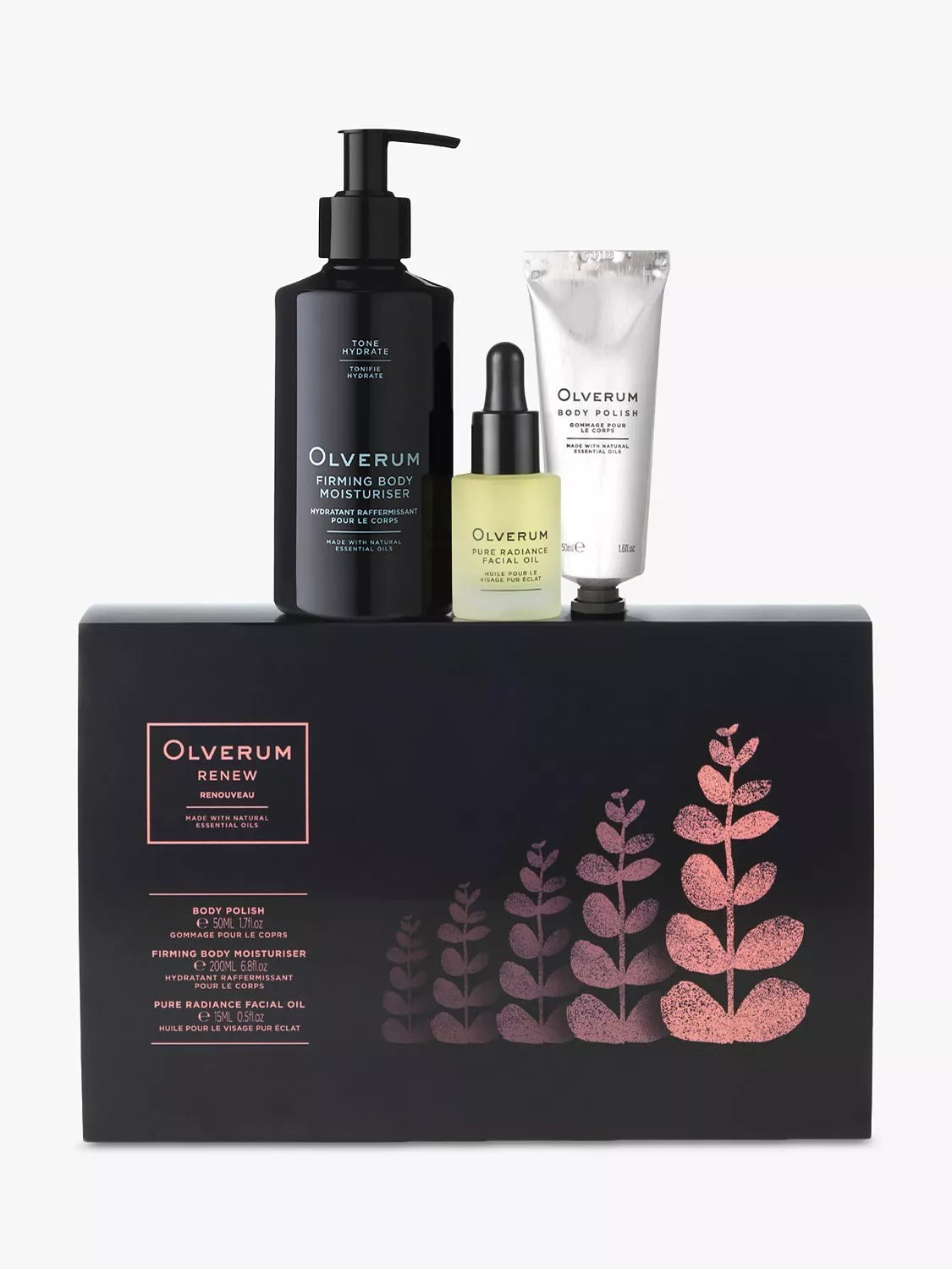 Olverum Renew Kit bodycare gift set with Body Polish, Moisturiser, Facial Oil (British brand)