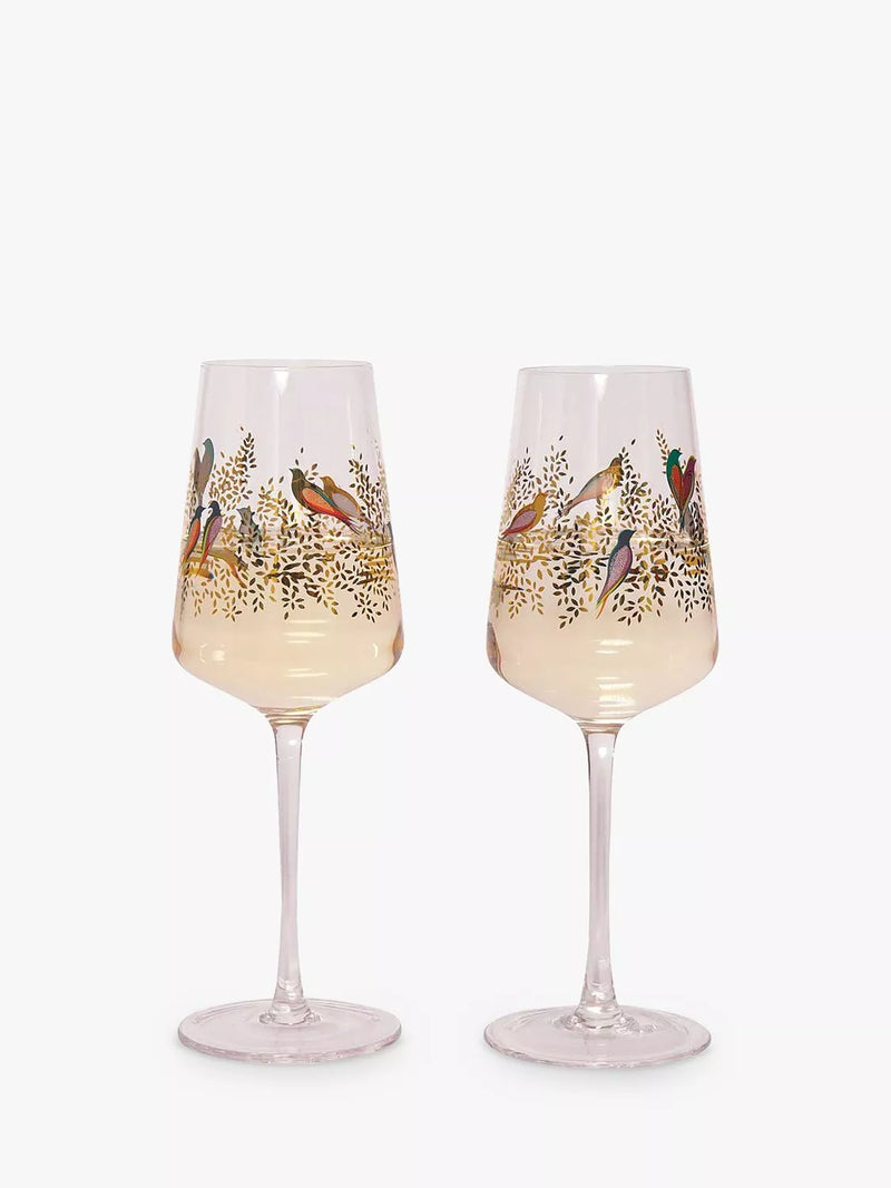 Sara Miller Birds wine glasses Clear/Multi set of two 440ml (British brand)