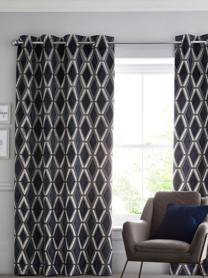Navy blue geometric velvet curtains made to measure (British brand)