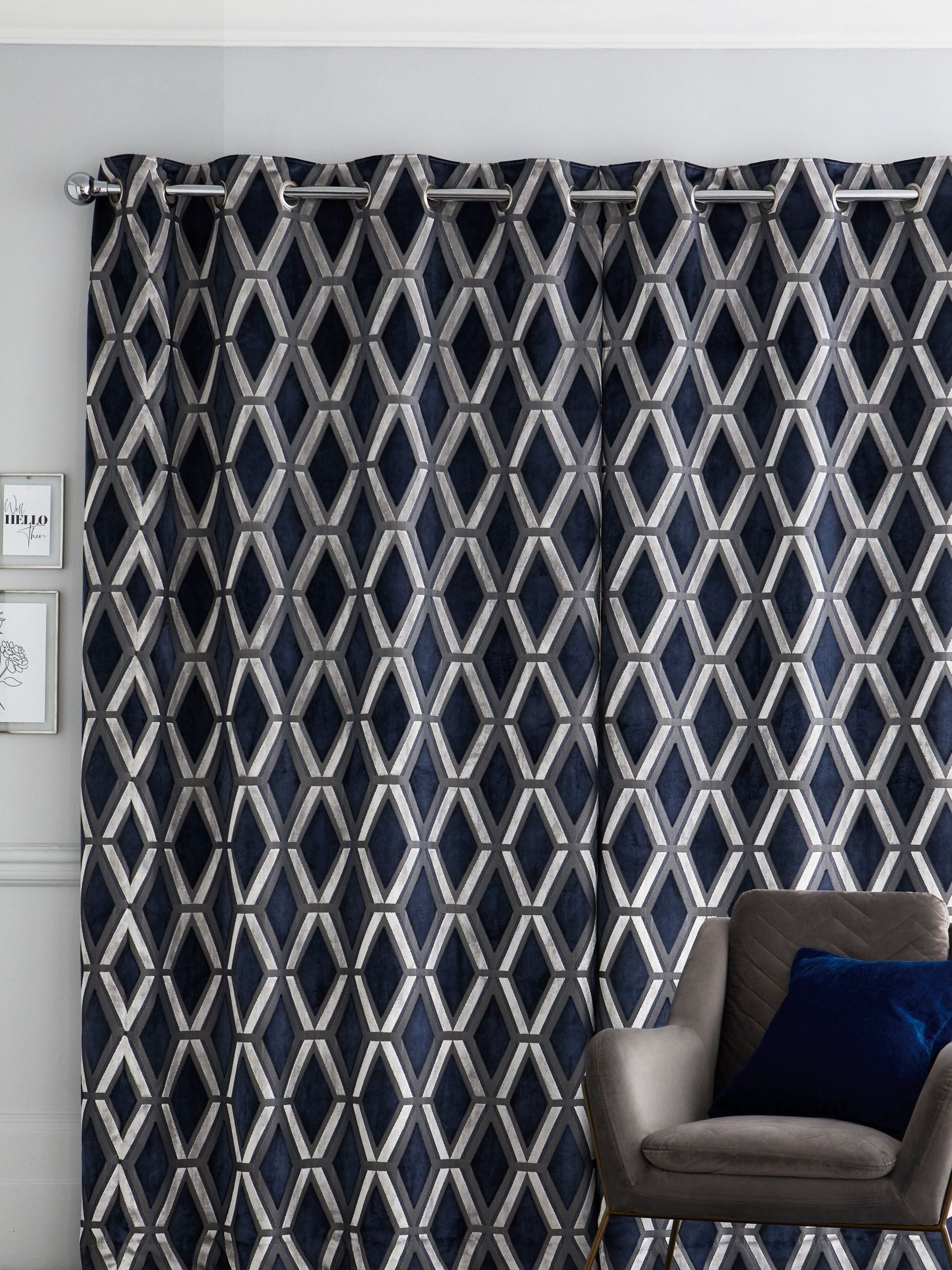 Navy blue geometric velvet curtains made to measure (British brand)