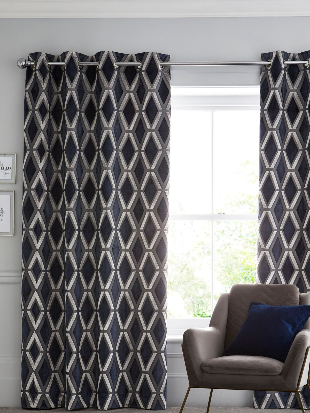 Navy blue geometric velvet curtains made to measure (British brand)