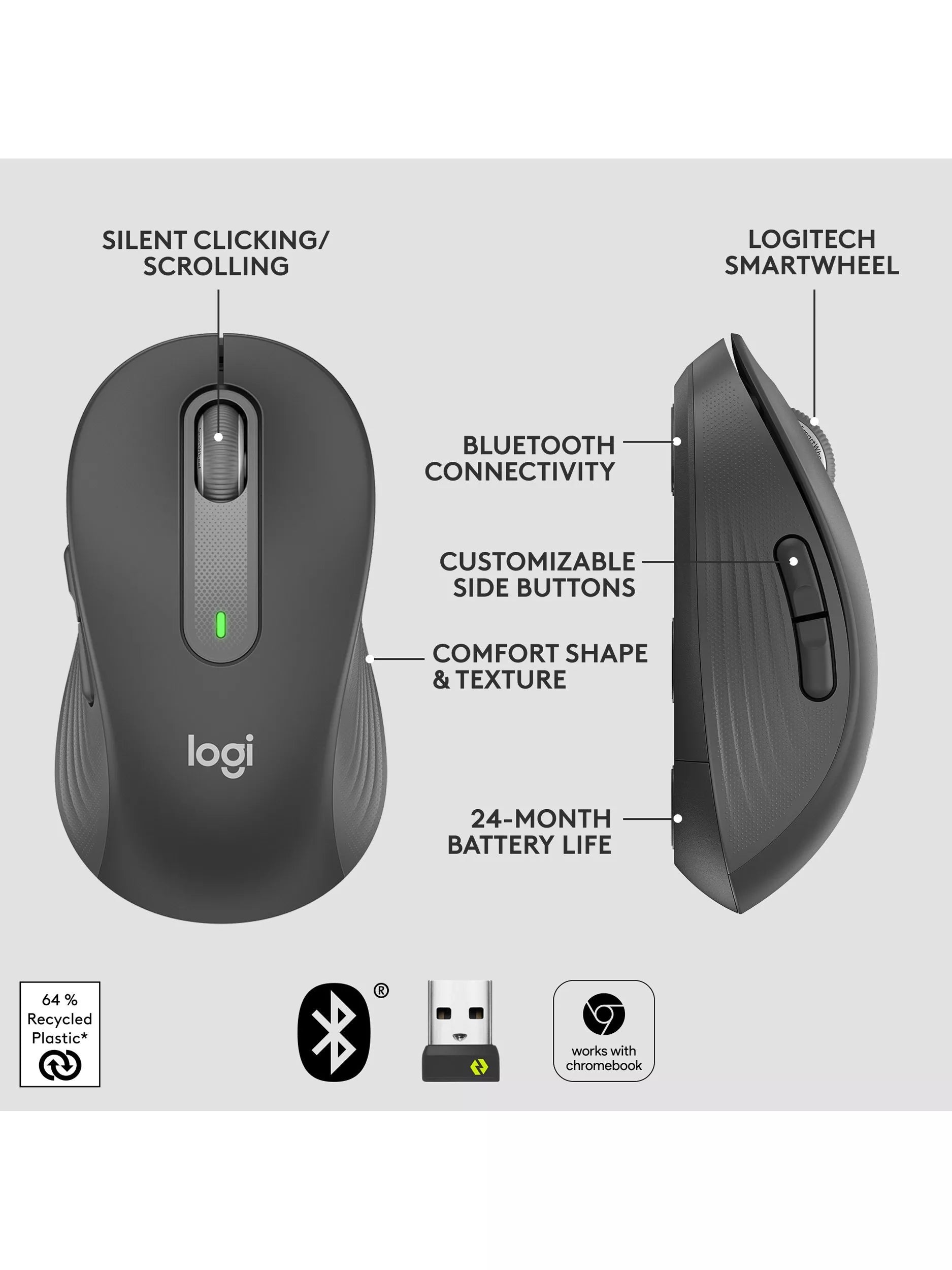 Logitech Signature M650 graphite wireless mouse (British brand)