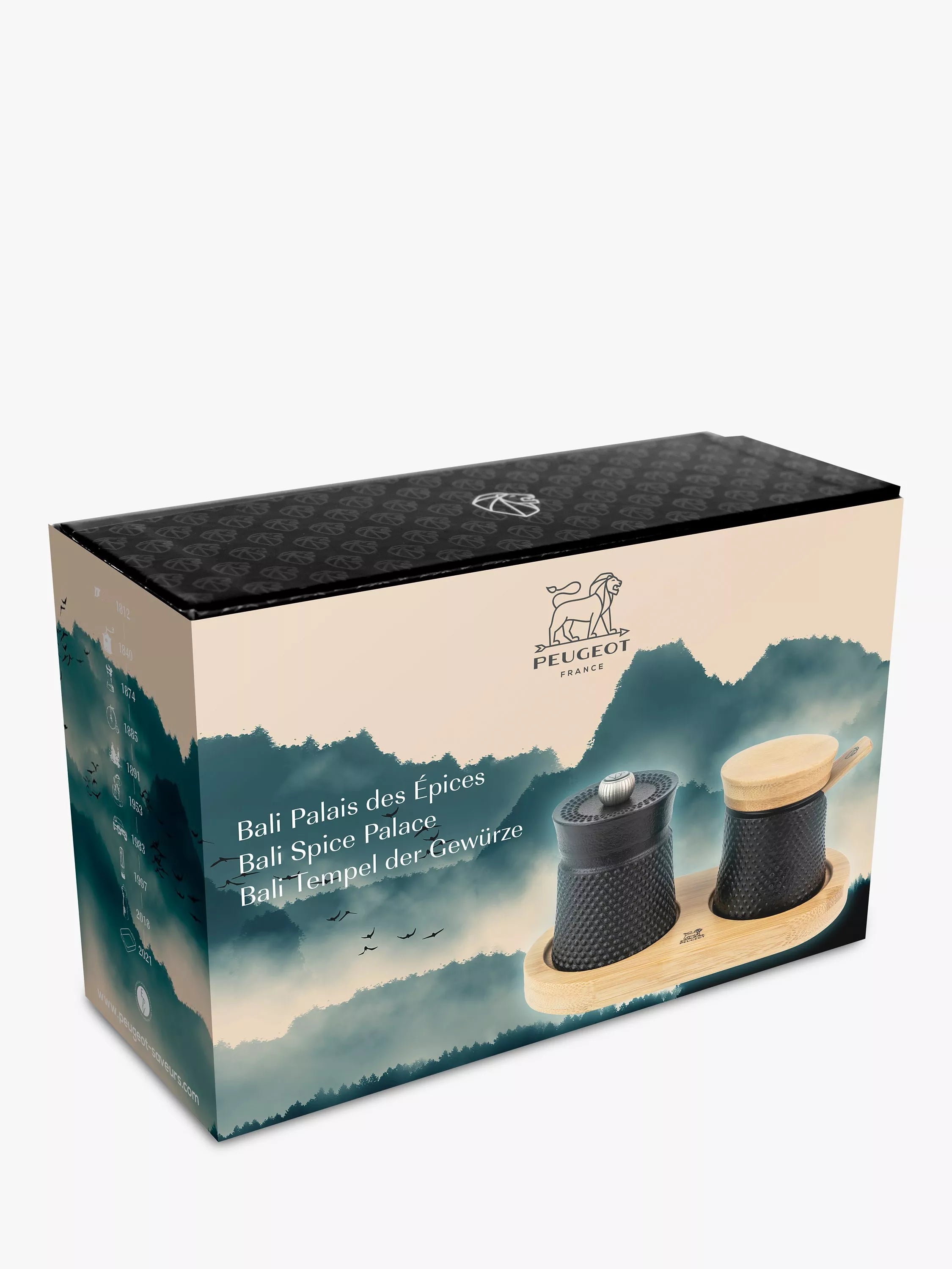 Peugeot Bali Spice Palace cast iron and bamboo pepper and salt mill set in matt black, imported from the UK