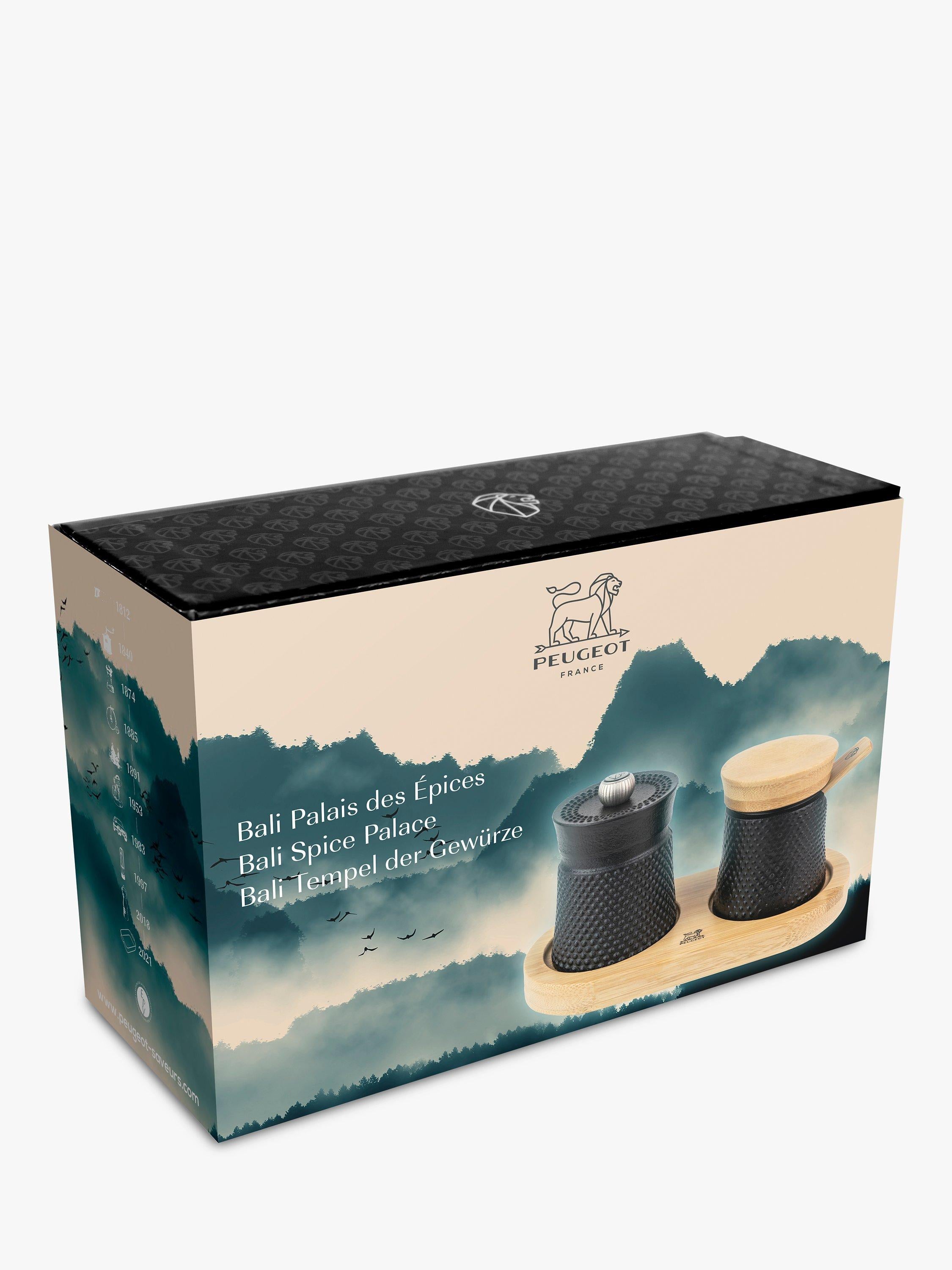 Peugeot Bali Spice Palace cast iron and bamboo pepper and salt mill set in matt black, imported from the UK