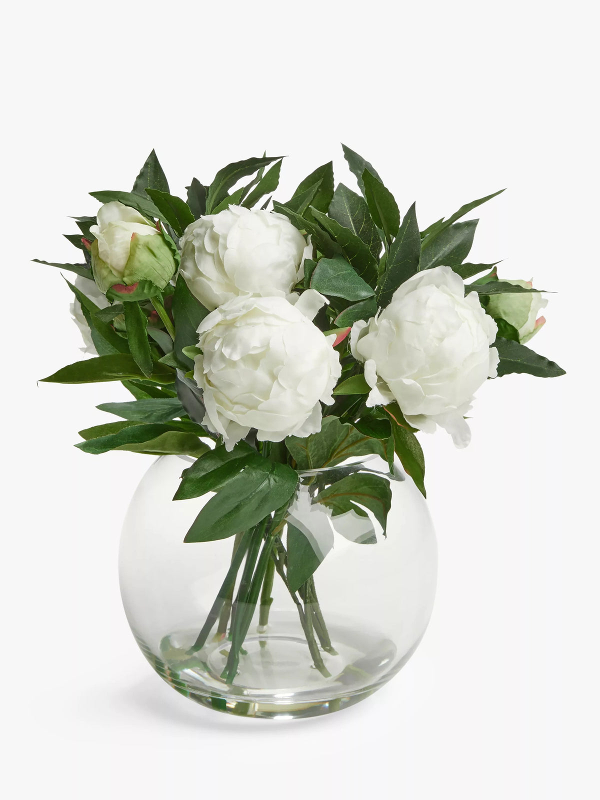 Floralsilk artificial white peonies in glass globe vase H28cm - British product