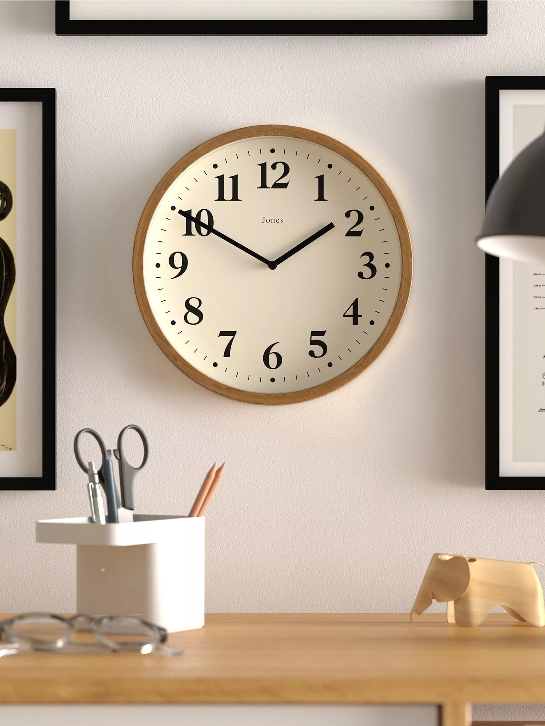 Jones Clocks quartz analogue wall clock in natural, 25cm, UK version