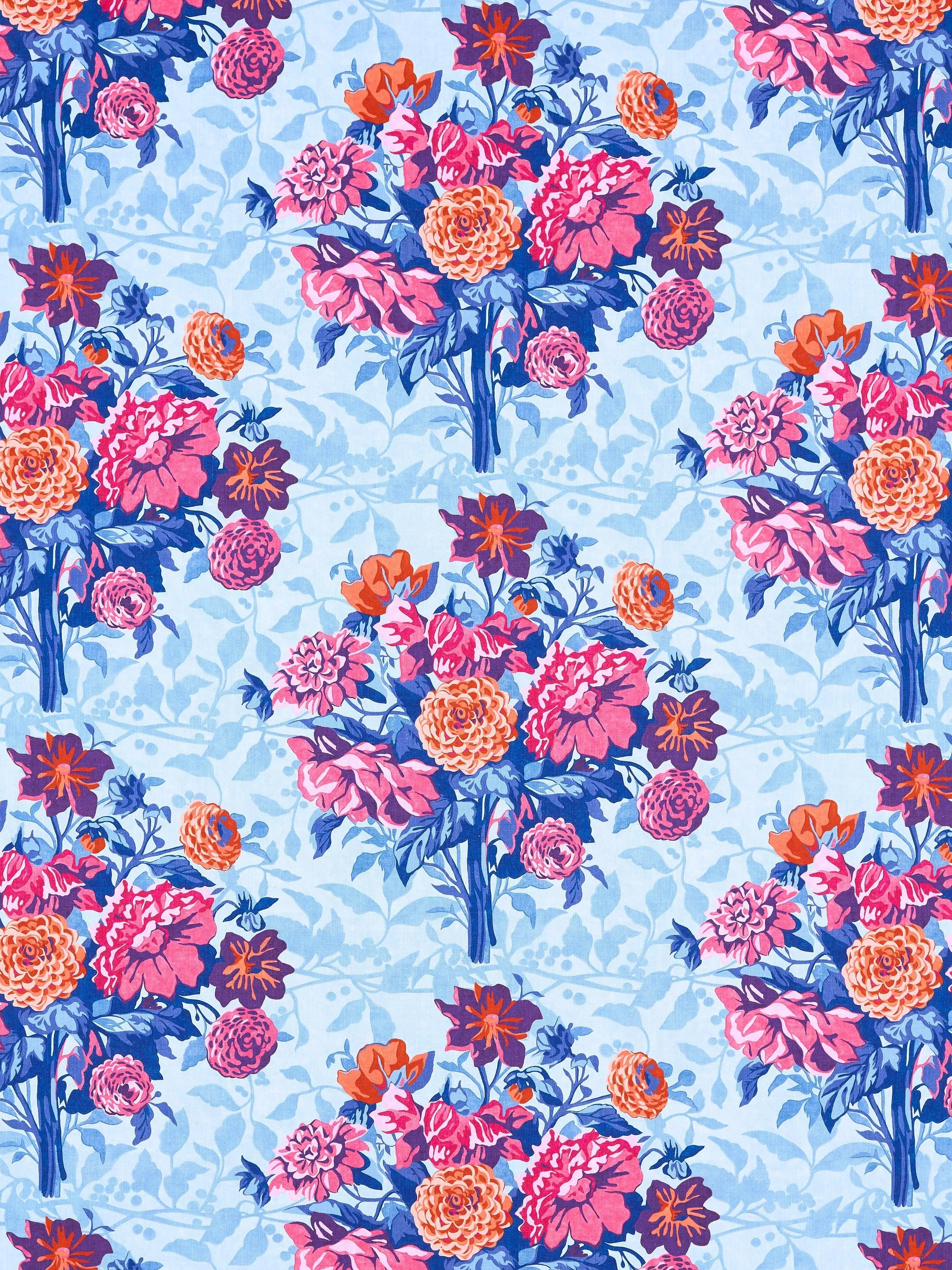 Harlequin Dahlia Bunch furnishing fabric Lapis Carn Spinel 139cm, imported from the UK