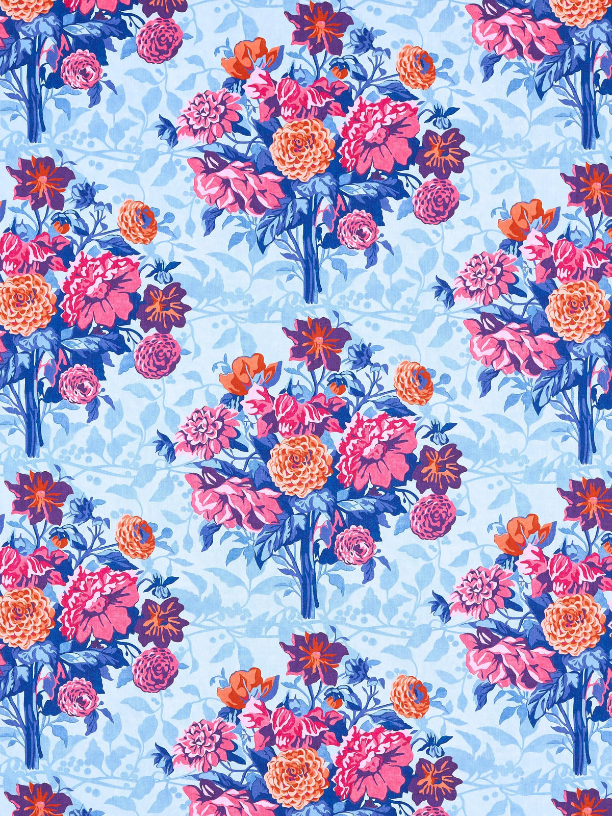 Harlequin Dahlia Bunch furnishing fabric Lapis Carn Spinel 139cm, imported from the UK