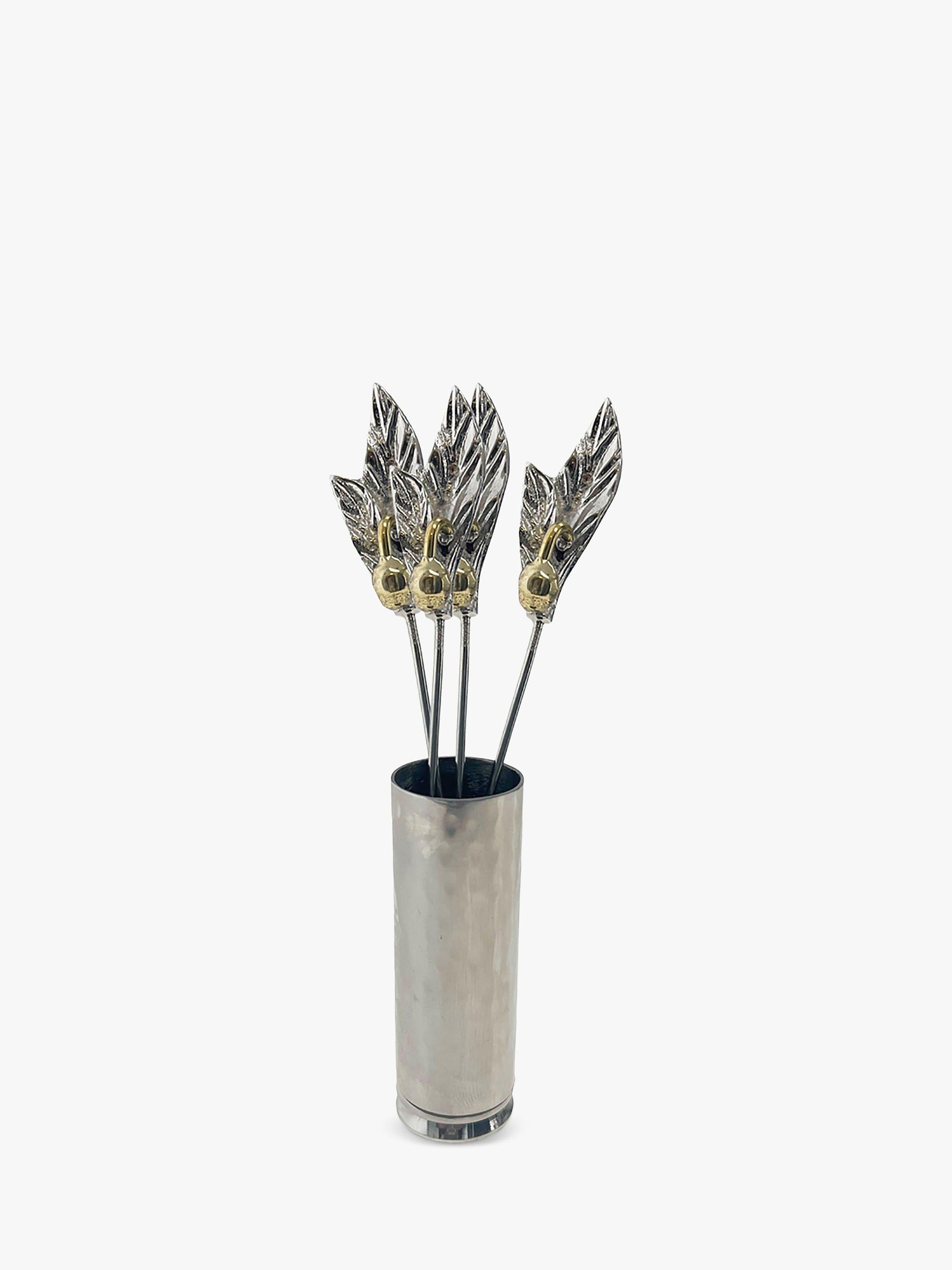 Stainless Steel Olive Picks with Leaf and Brass Design – Set of 4 with Holder and Gift Box