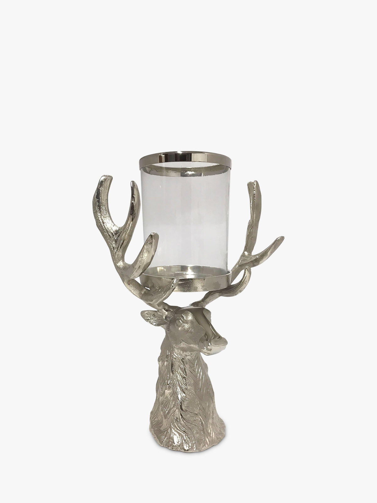 Glass Candle Holder with Stag Head Antler Design and Silver Rim