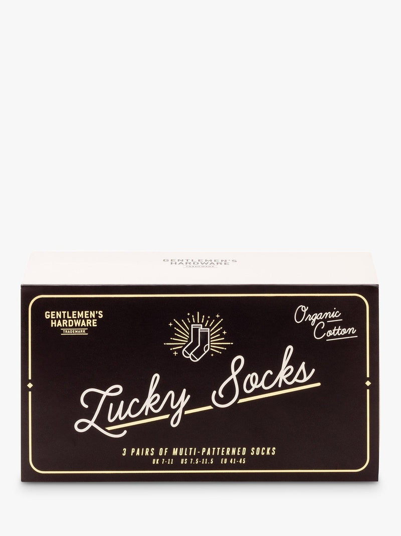 Gentlemen's Hardware lucky socks gift set with three pairs and international icons, UK version