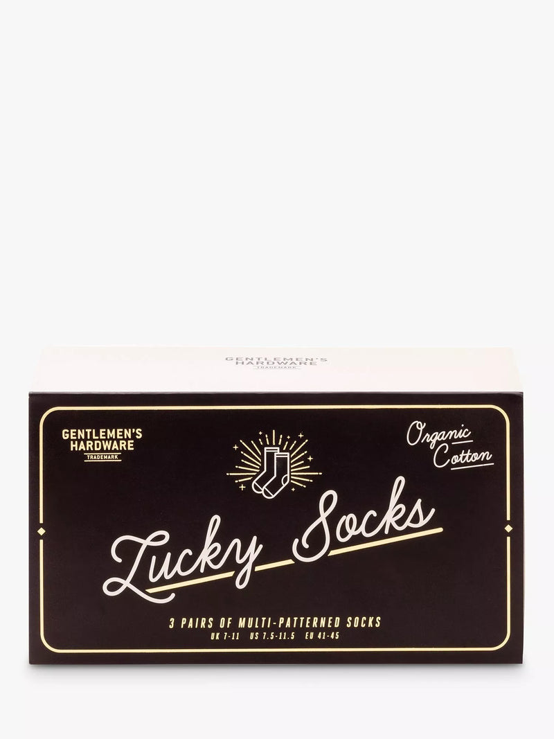 Gentlemen's Hardware lucky socks gift set with three pairs and international icons, UK version
