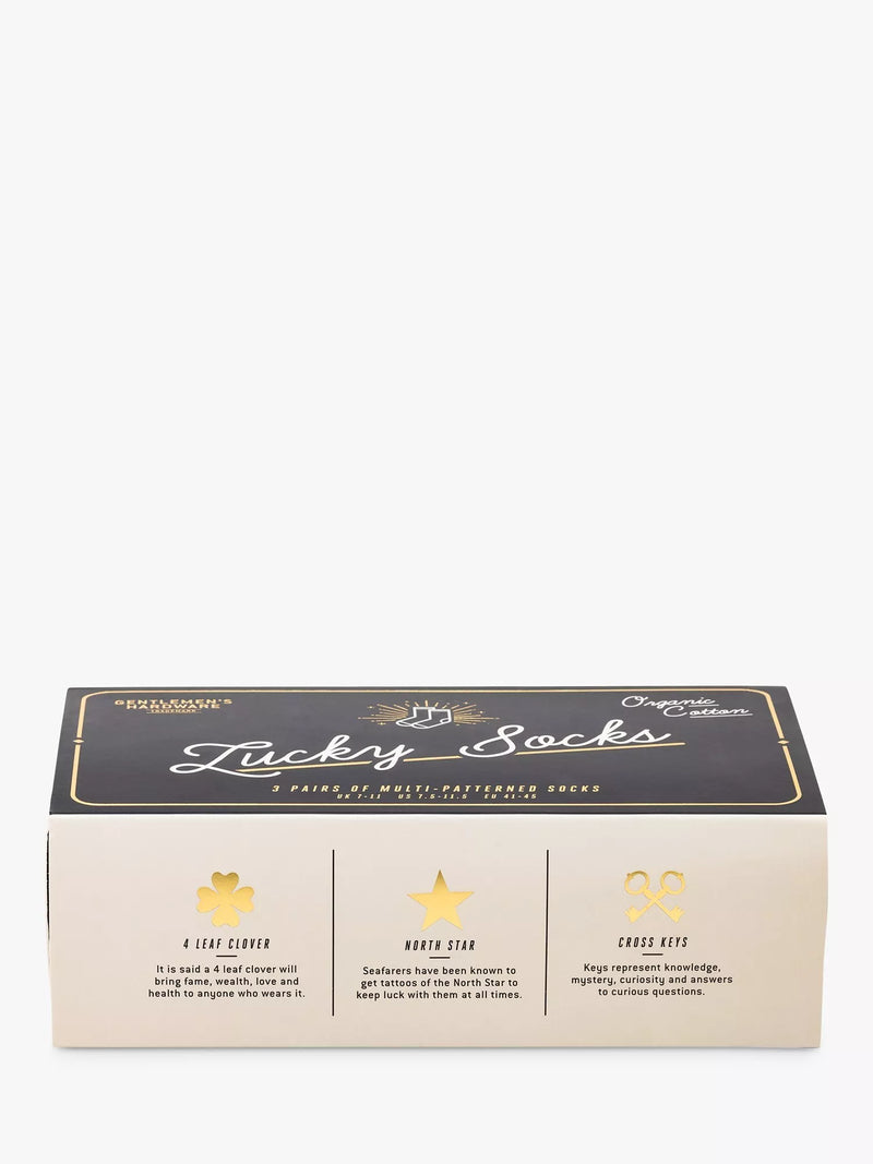 Gentlemen's Hardware lucky socks gift set with three pairs and international icons, UK version