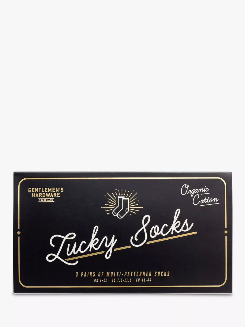 Gentlemen's Hardware lucky socks gift set with three pairs and international icons, UK version