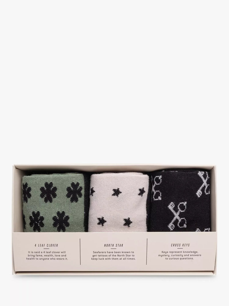Gentlemen's Hardware lucky socks gift set with three pairs and international icons, UK version