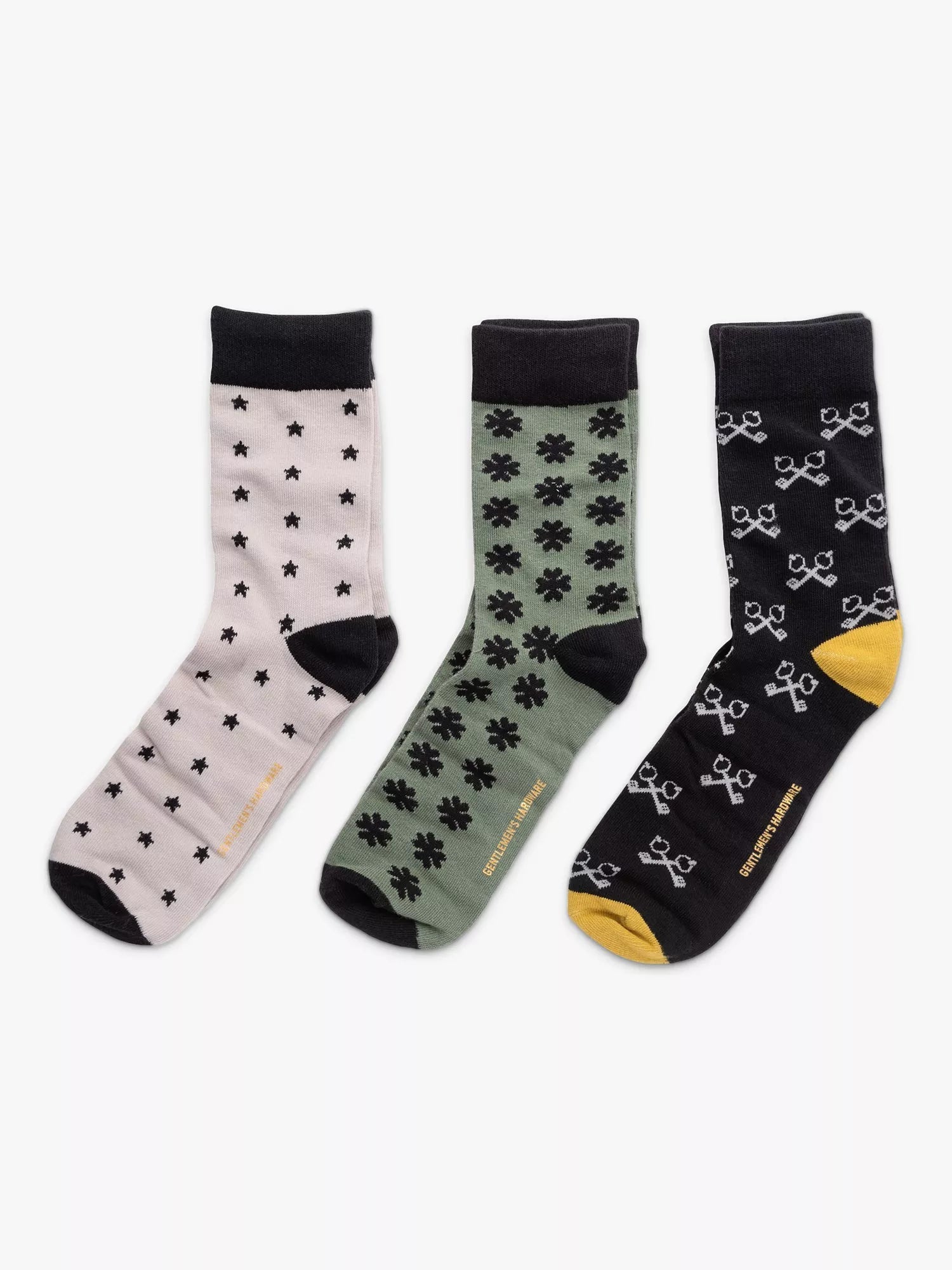 Gentlemen's Hardware lucky socks gift set with three pairs and international icons, UK version