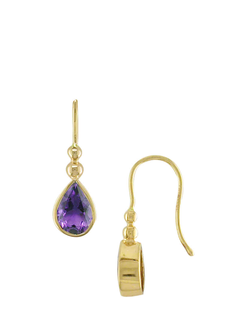 E.W Adams 9ct gold amethyst pear drop earrings - British product