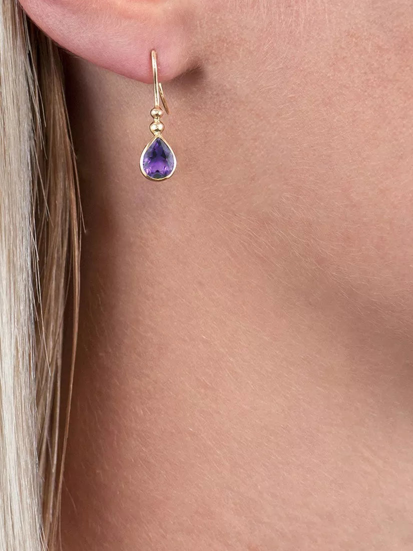 E.W Adams 9ct gold amethyst pear drop earrings - British product