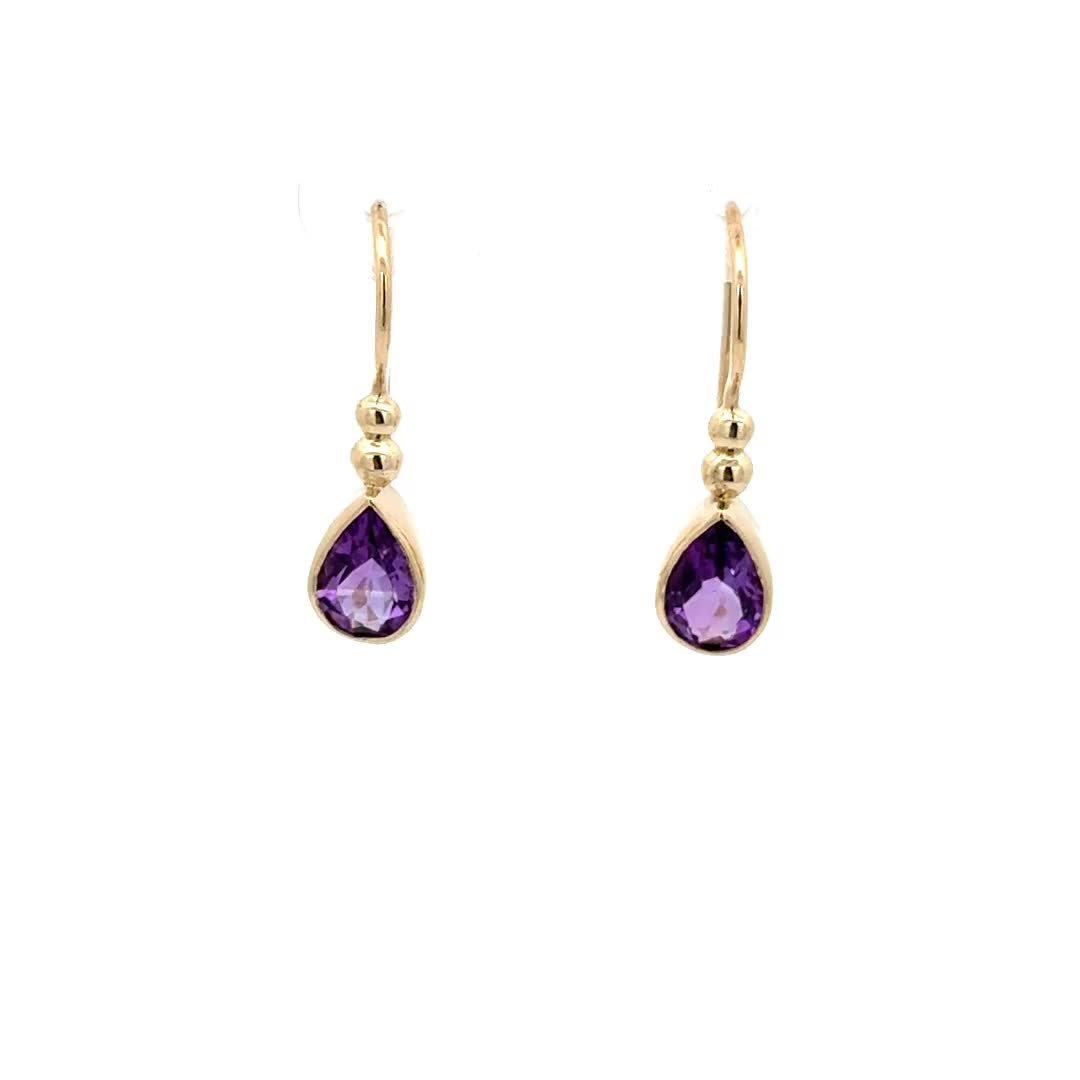 E.W Adams 9ct gold amethyst pear drop earrings - British product