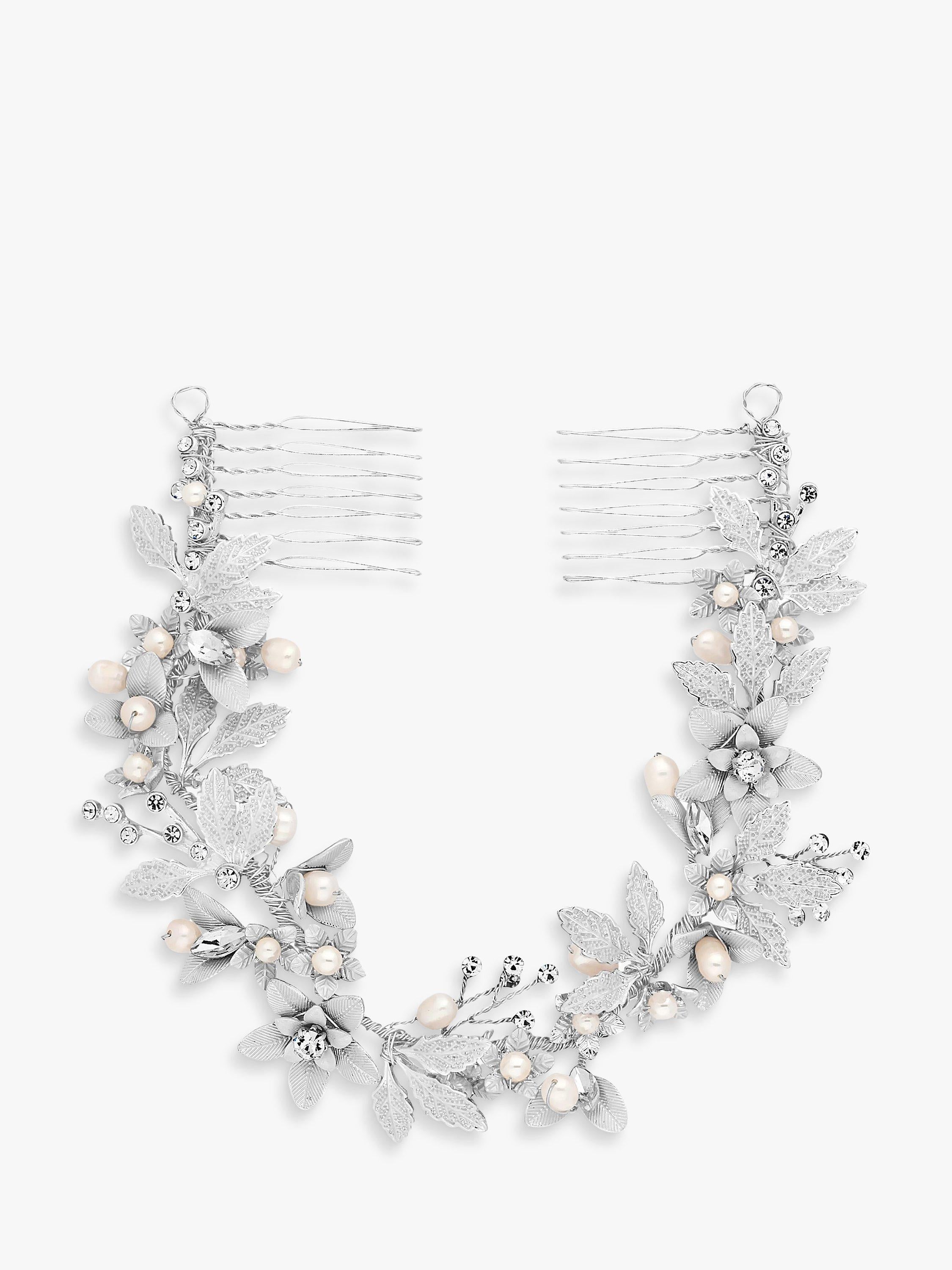 Double Comb Hair Grip with Brushed Leaves, Freshwater Pearls, and Crystals