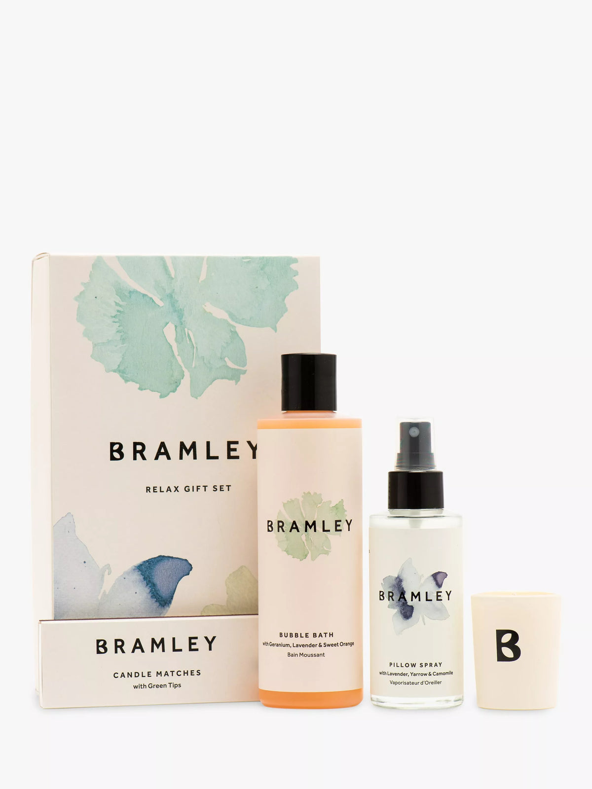 Bramley Relax gift set with bubble bath, pillow spray, and travel candle - British product