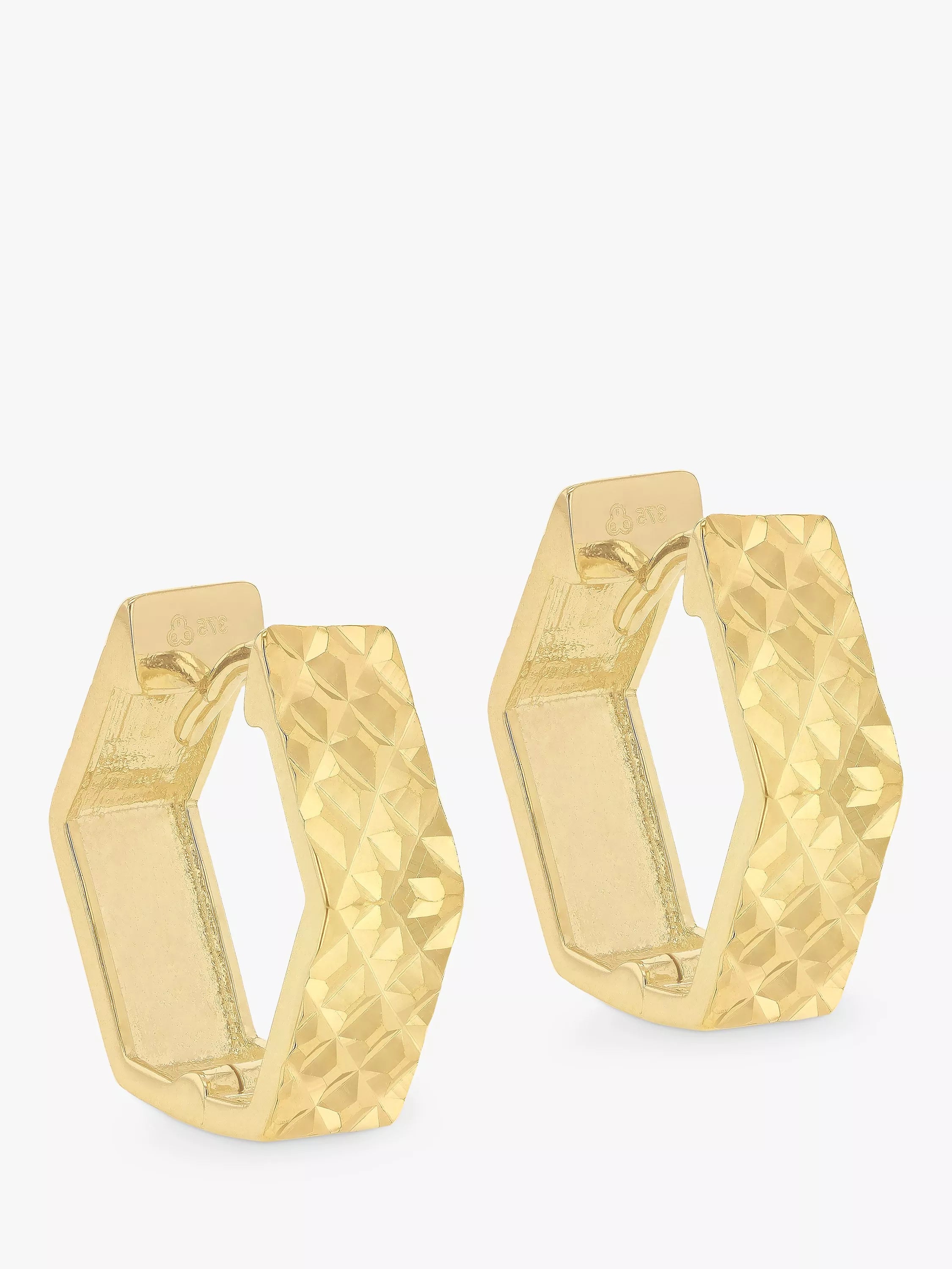 IBB 9ct gold hexagonal textured hoop earrings, imported from the UK