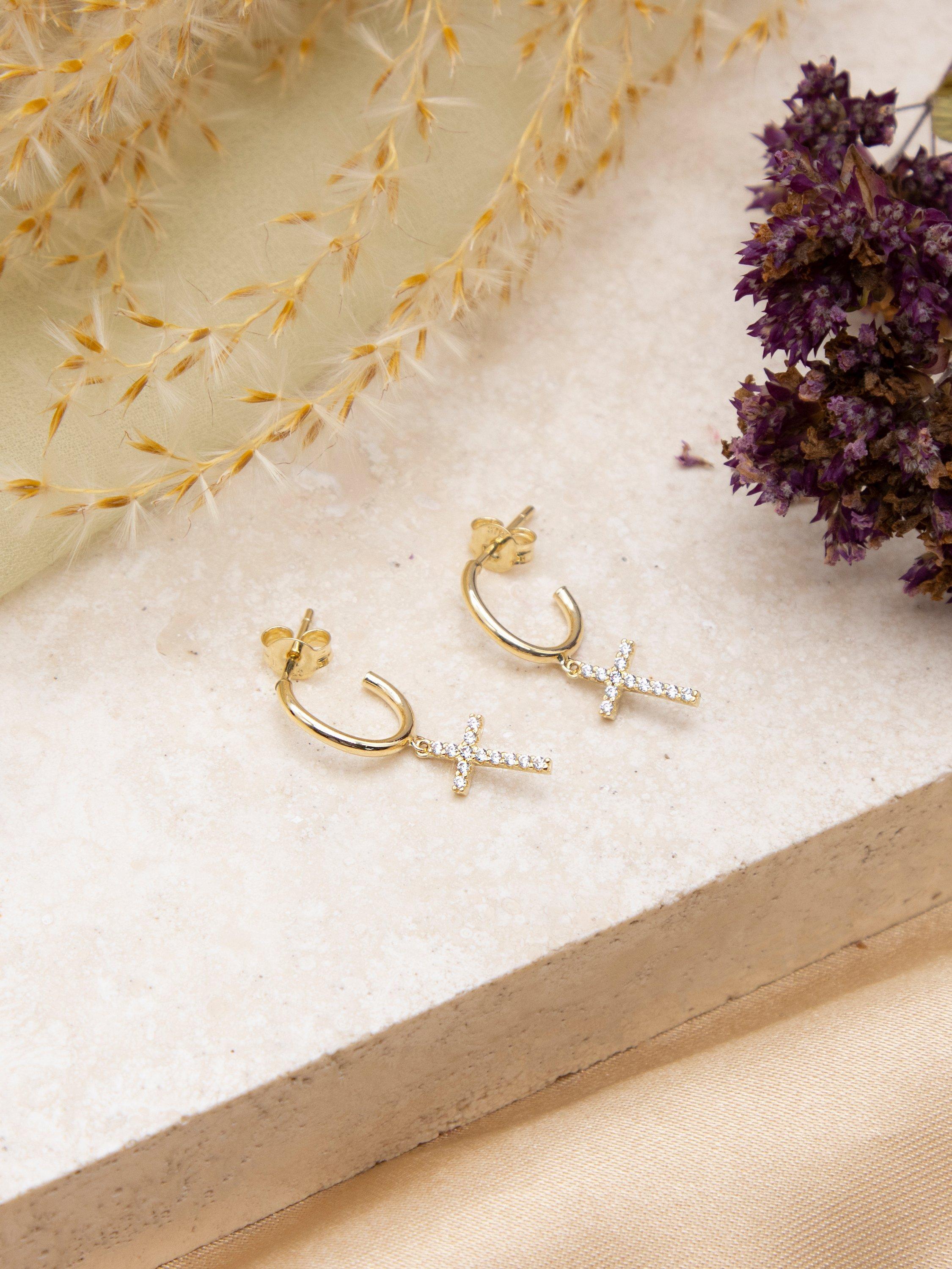 IBB yellow gold cubic zirconia cross drop earrings, British product