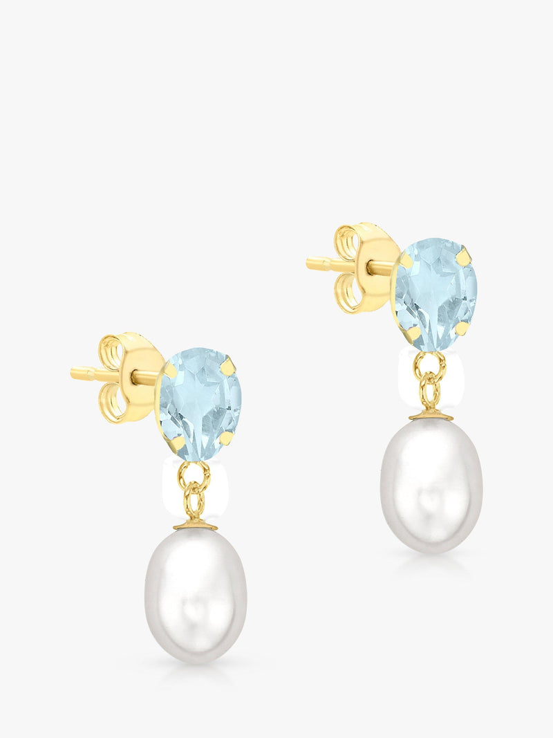 IBB gold drop earrings with pearl and blue topaz, imported from the UK