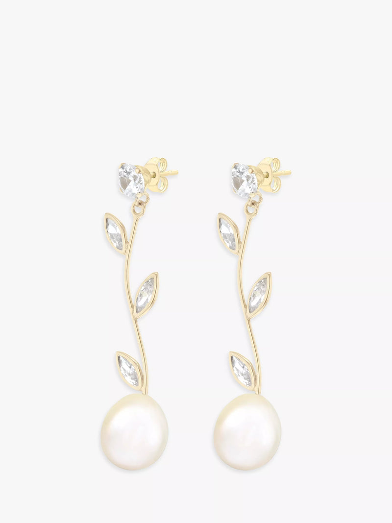 IBB 9ct gold cubic zirconia freshwater pearl drop earrings (British brand)