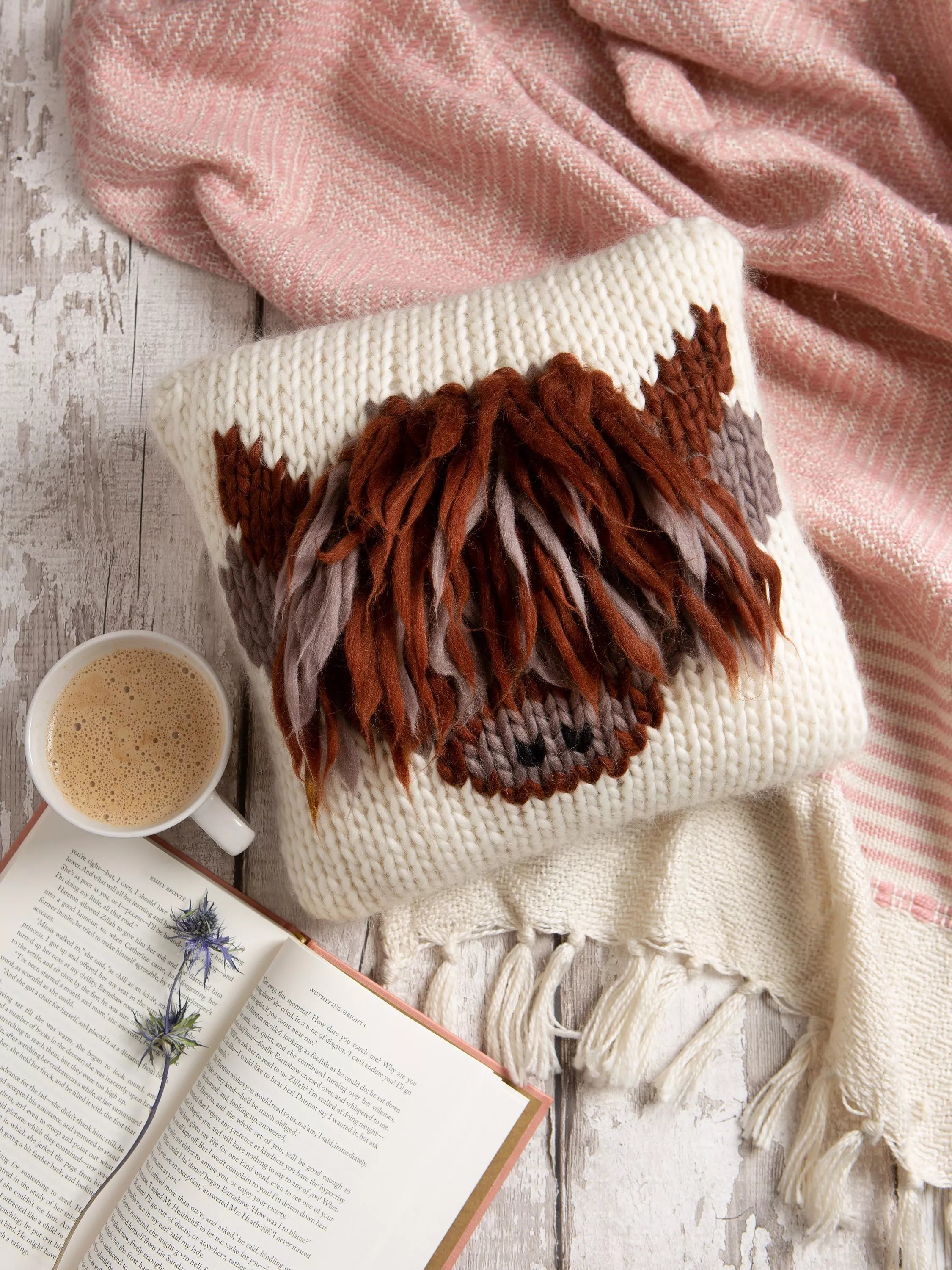 Wool Couture Highland cow cushion knitting kit, imported from the UK