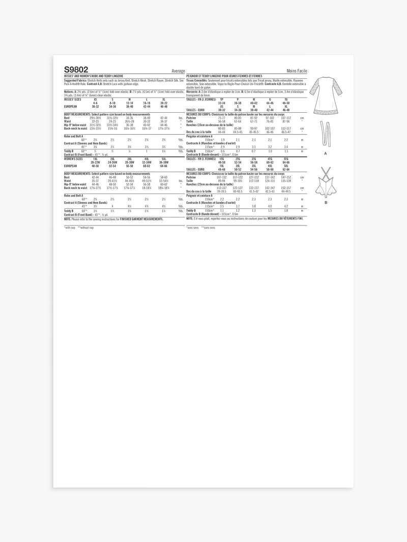 Simplicity Misses' Robe and Teddy Sewing Pattern S9802 (British brand)