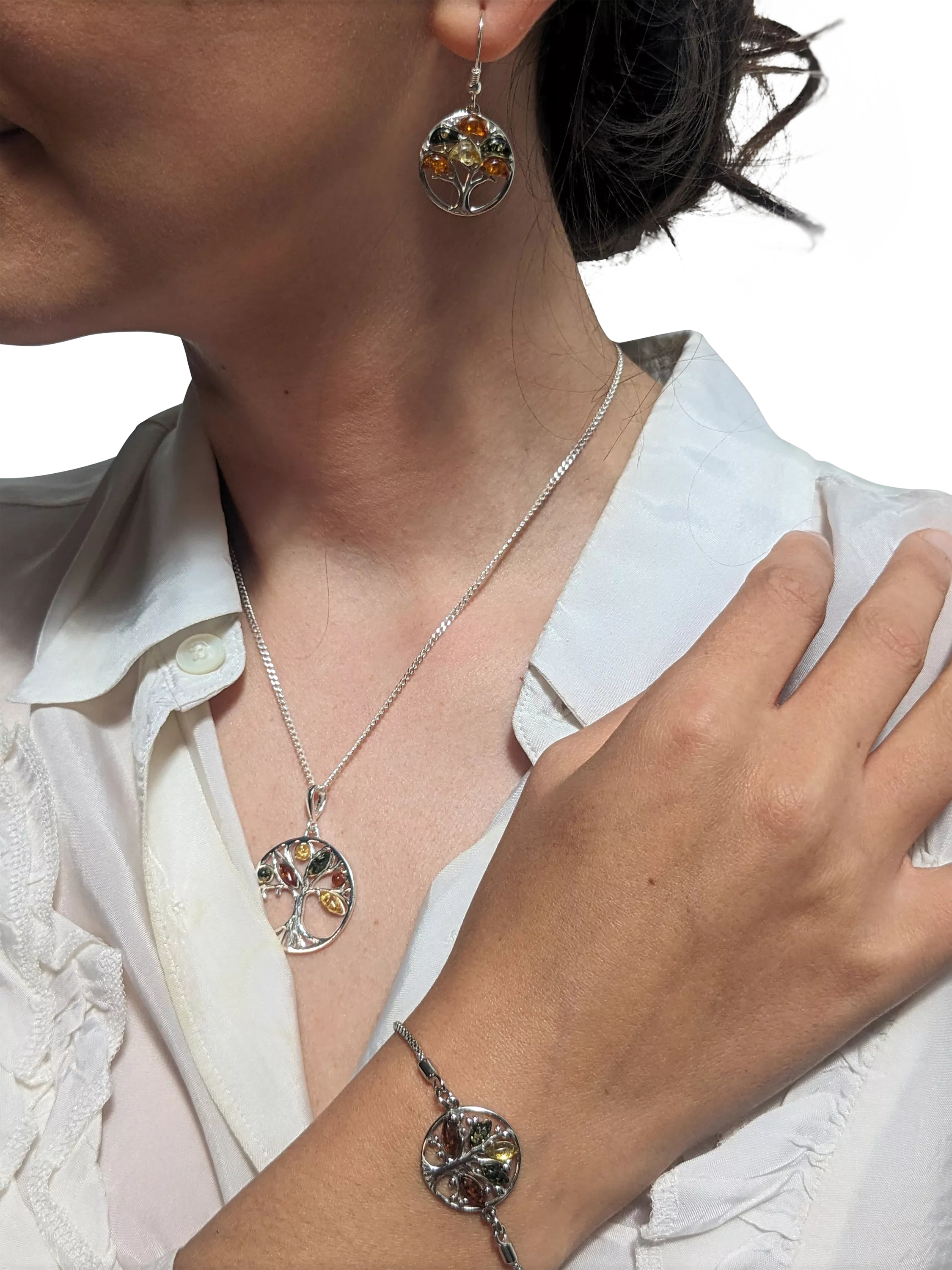 Be-Jewelled amber round tree pendant necklace sterling silver - British product