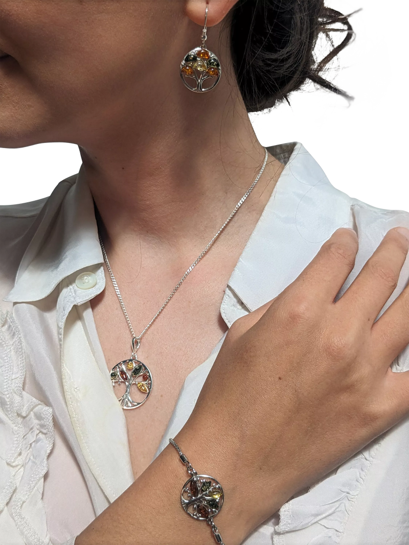 Be-Jewelled amber round tree pendant necklace sterling silver - British product