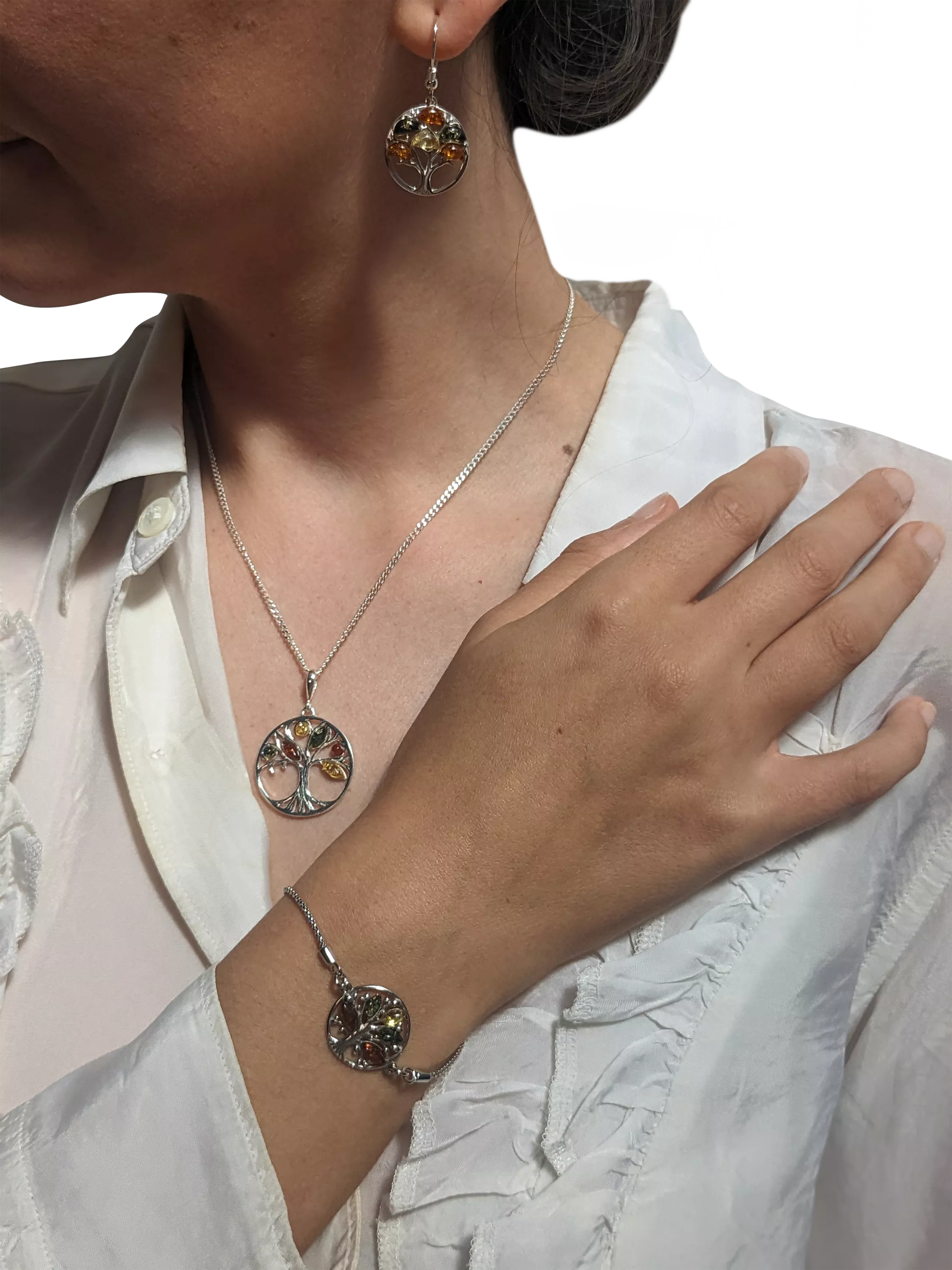 Be-Jewelled amber round tree pendant necklace sterling silver - British product