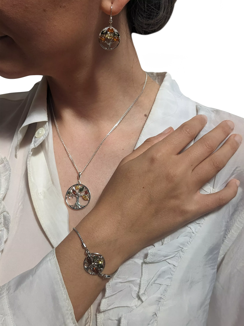 Be-Jewelled amber round tree pendant necklace sterling silver - British product