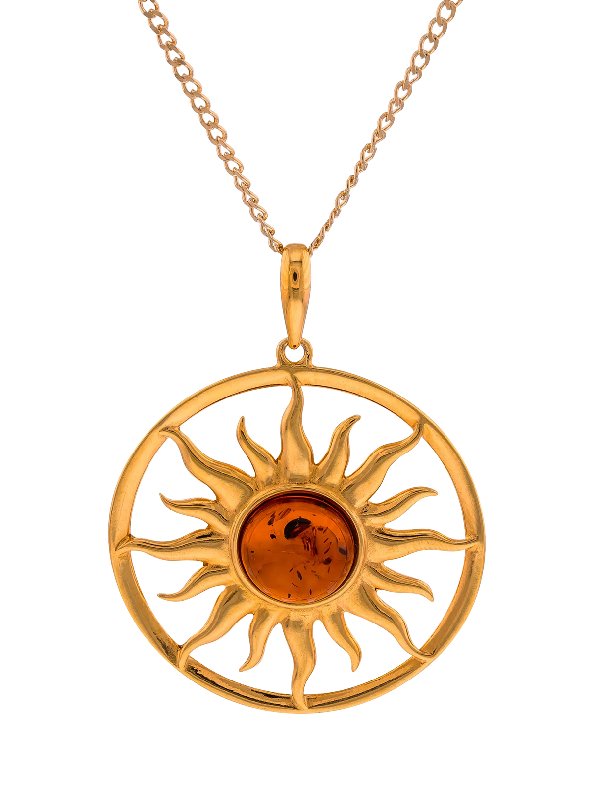 Bernstein-Sonnenanhänger-Halskette von Be-Jewelled Gold Cognac – britisches Produkt