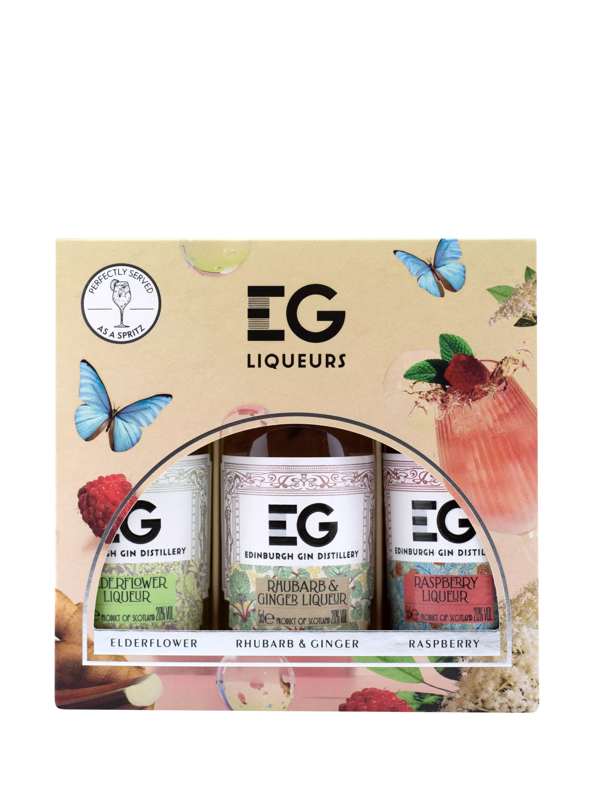Edinburgh Gin liqueurs mini pack with Raspberry, Rhubarb & Ginger, and Elderflower flavours 3x 5cl - British product