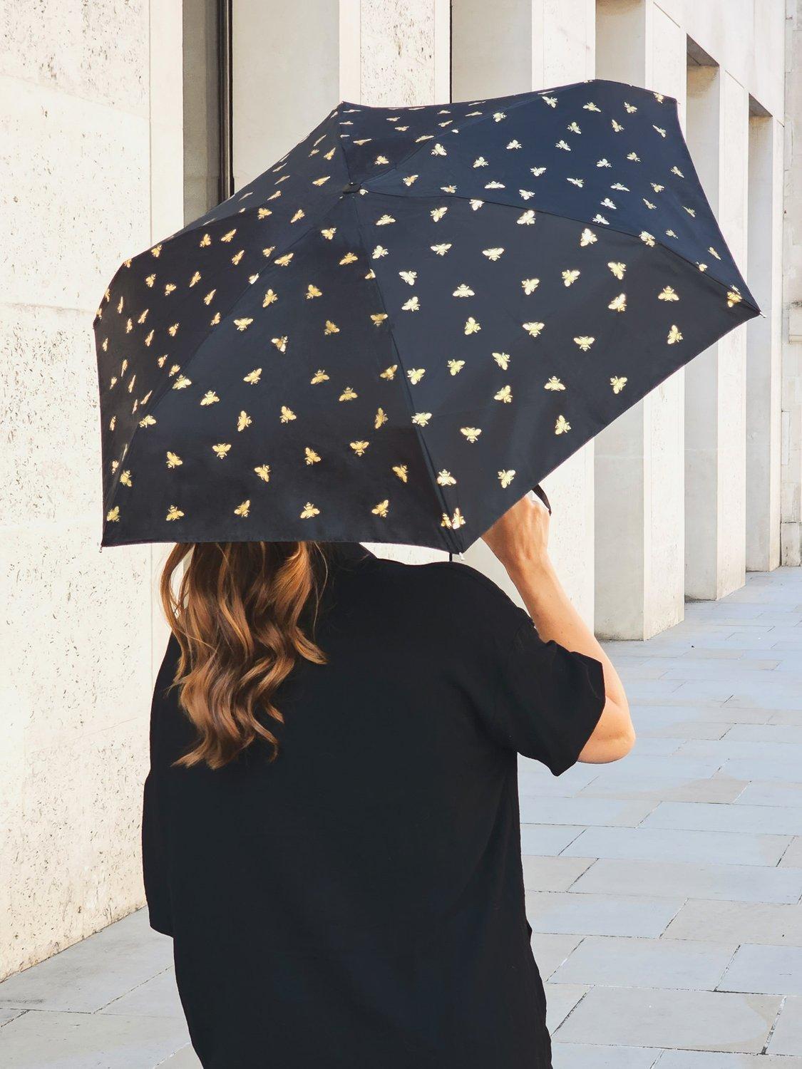 Parapluie compact Fulton Golden Bees noir multicolore, importé du Royaume-Uni