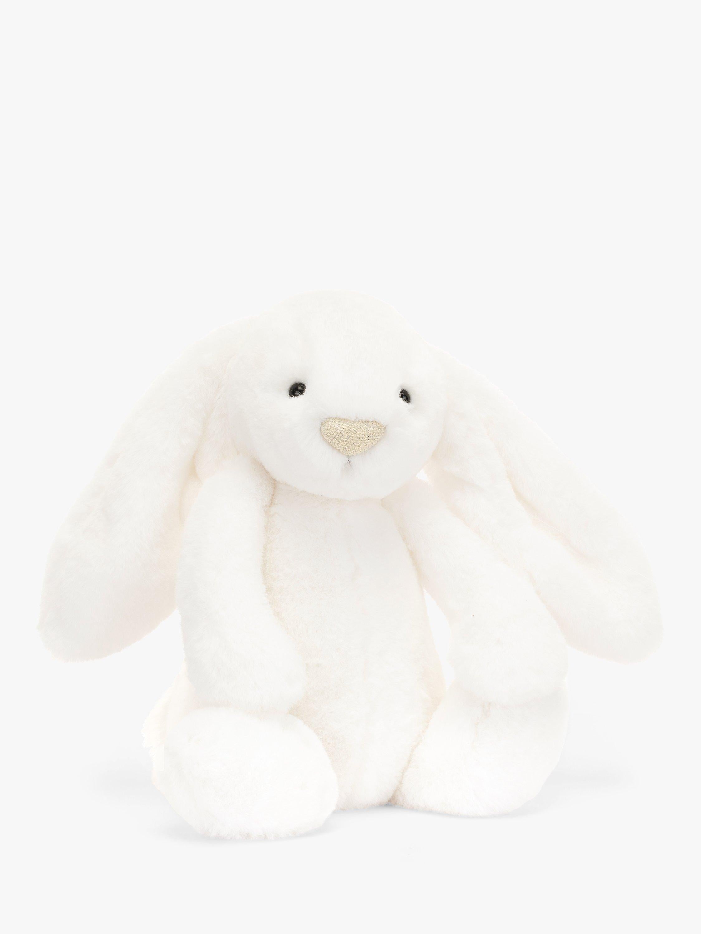 White Fur Bunny Soft Toy with Fluffy Tail and Gold Nose