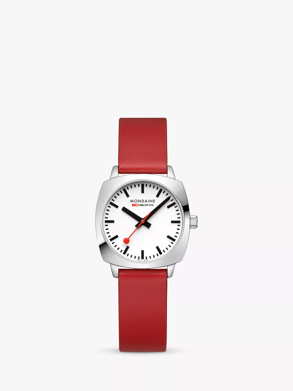 Mondaine Petite Cushion watch 31mm red vegan leather strap, imported from the UK