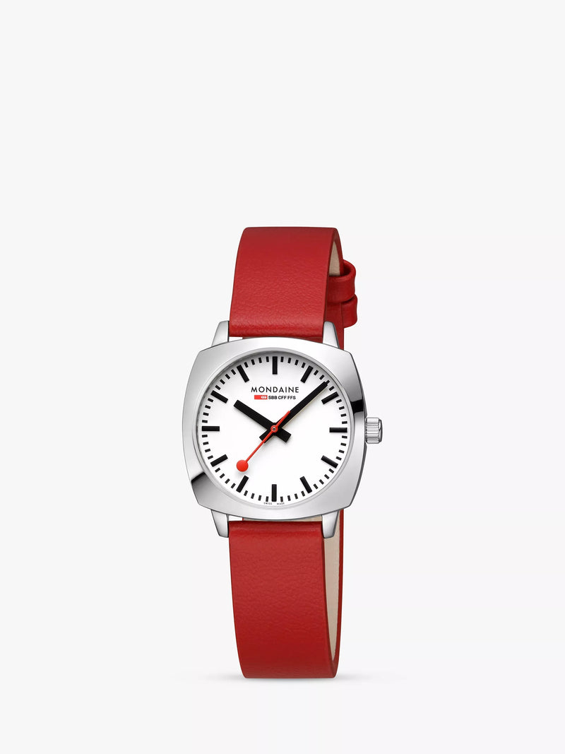 Mondaine Petite Cushion watch 31mm red vegan leather strap, imported from the UK