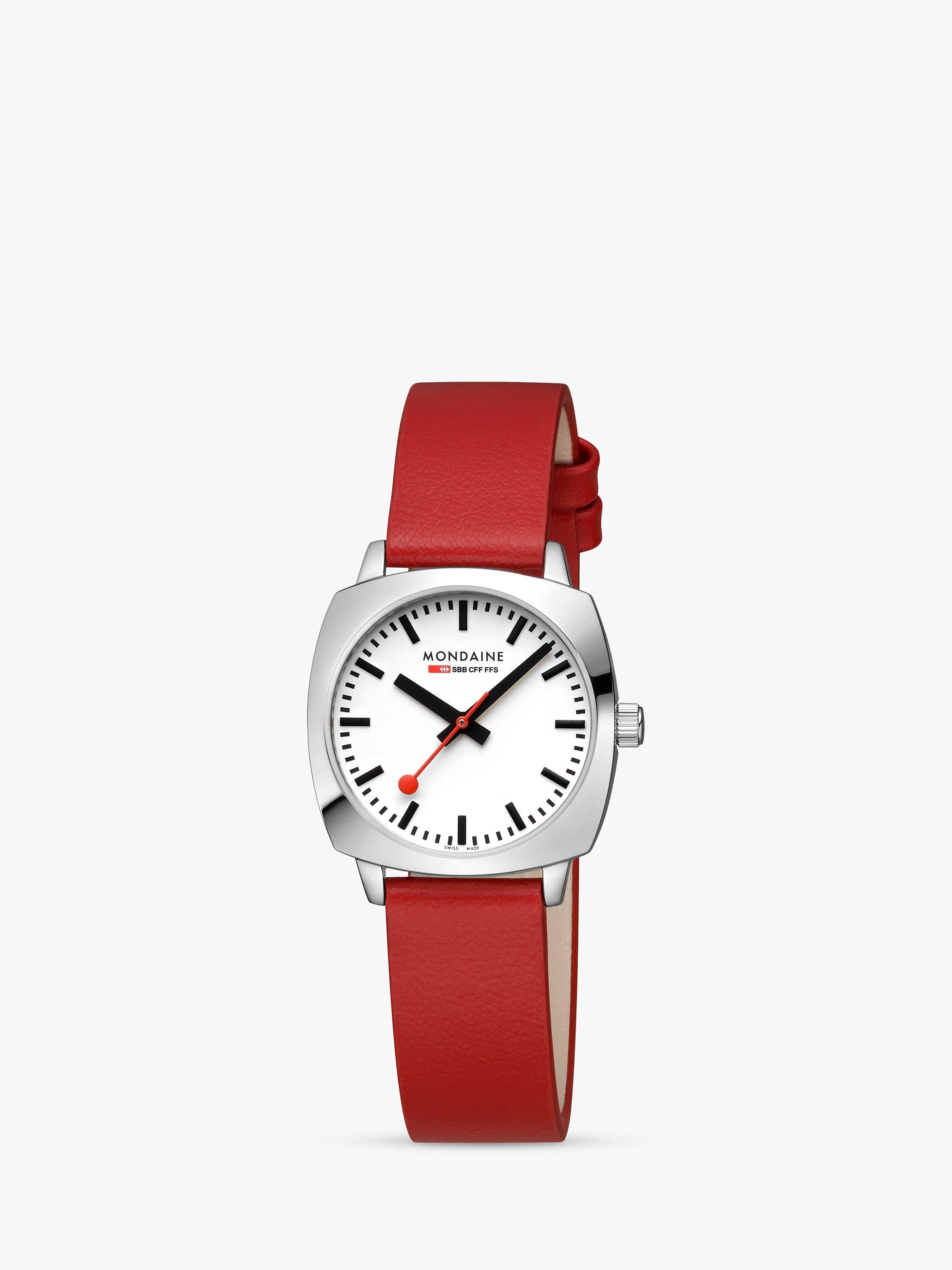 Mondaine Petite Cushion watch 31mm red vegan leather strap, imported from the UK